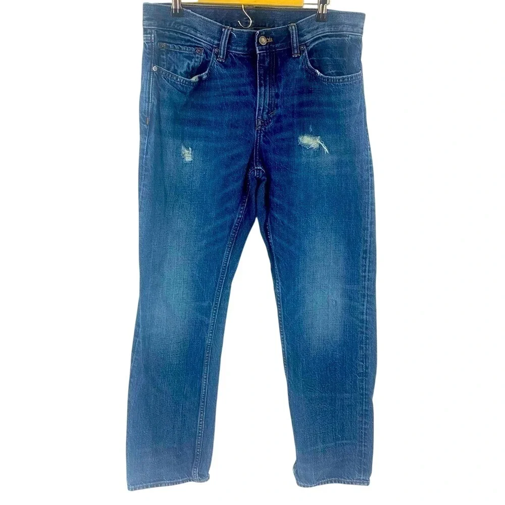 Banana Republic Straight Leg Jeans Mens 34W 30L Medium‎ Wash Distressed Denim